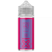 A 100ml bottle of Pod Salt Nexus Grapeberry Burst e-liquid with a pink label and transparent pod salt container.